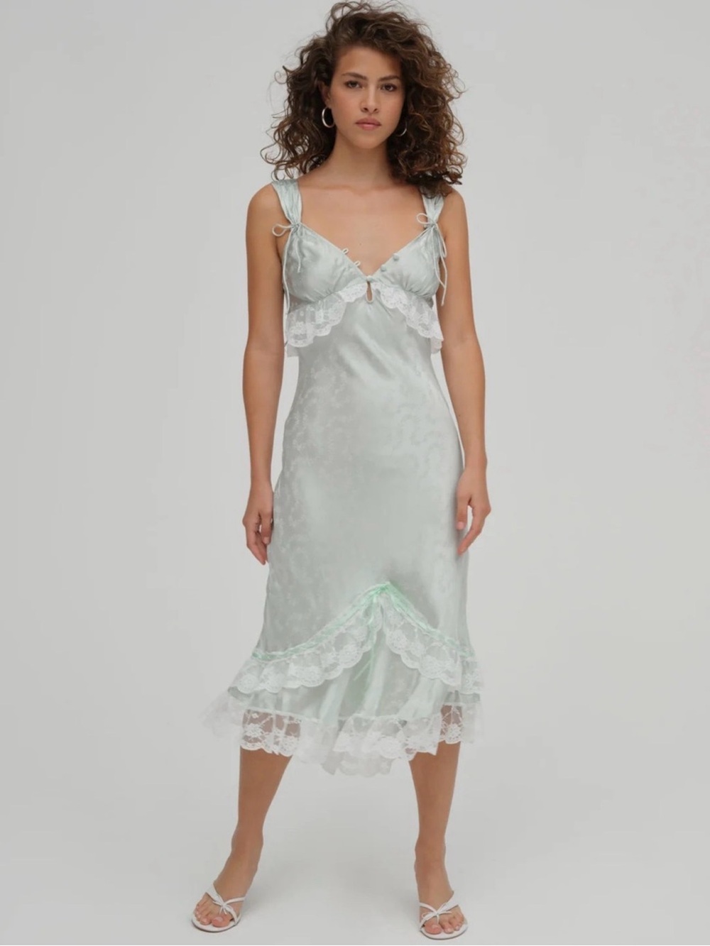 (NWOT) For Love & Lemons Pale Mint Lace-Trim Satin Midi Dress